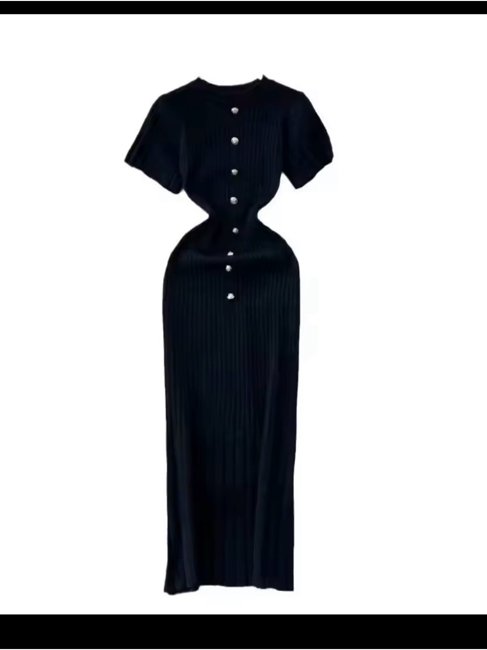 Elegant Black Button-Front Ribbed Maxi Dress